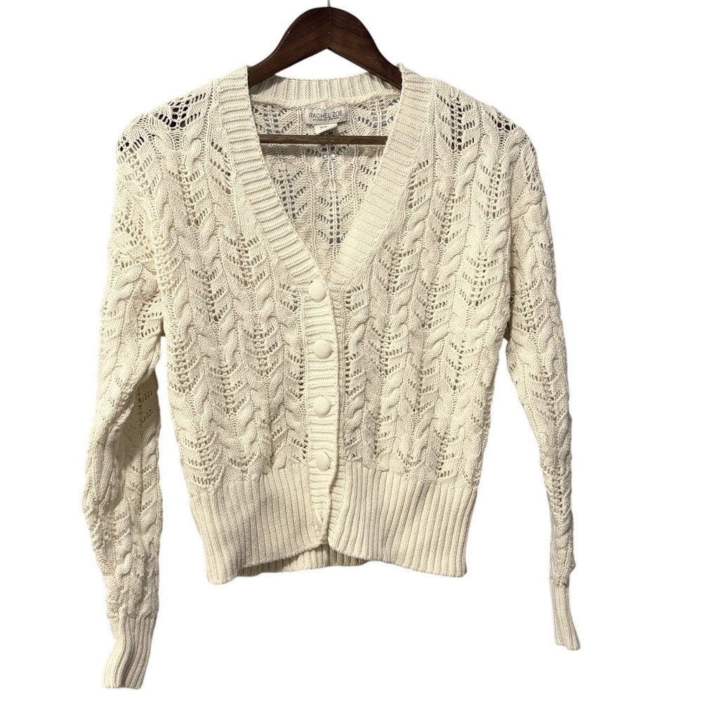 Rachel Zoe Cream Cable Knit Cropped Cardigan V-Neck Button Front Sweater XS